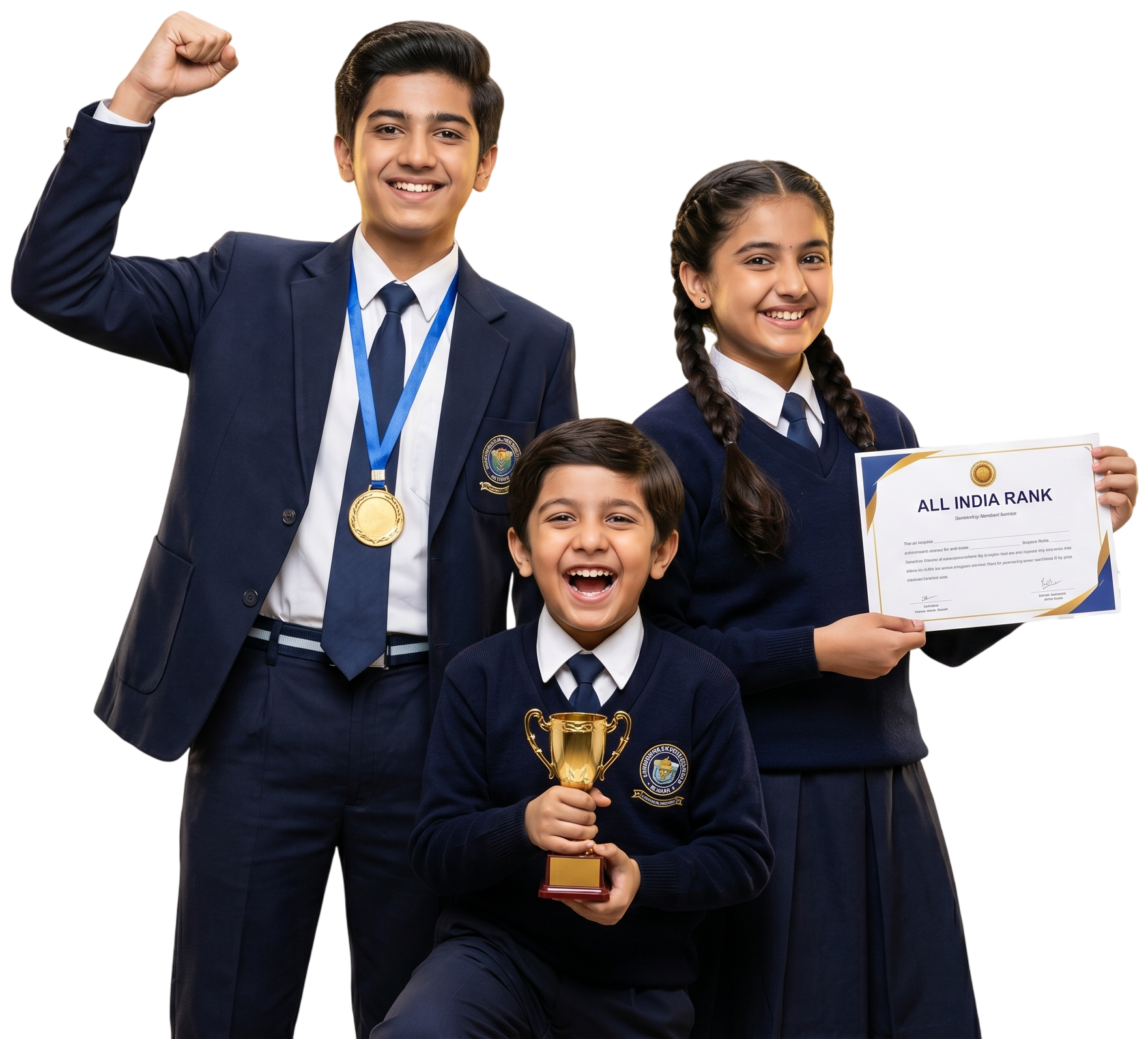 MyIndiaRank winning students with trophy, medal and All India Rank certificate